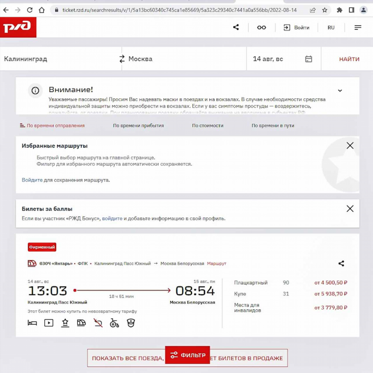 Купить билет до калининграда